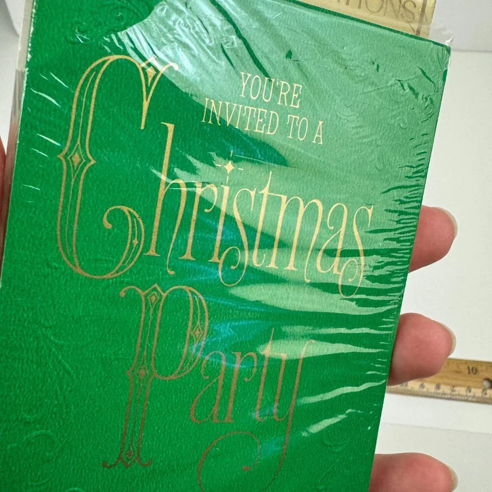 Vtg Retro Hallmark Christmas Party Invitation Green Gold Metallic‎ Elegant Font
